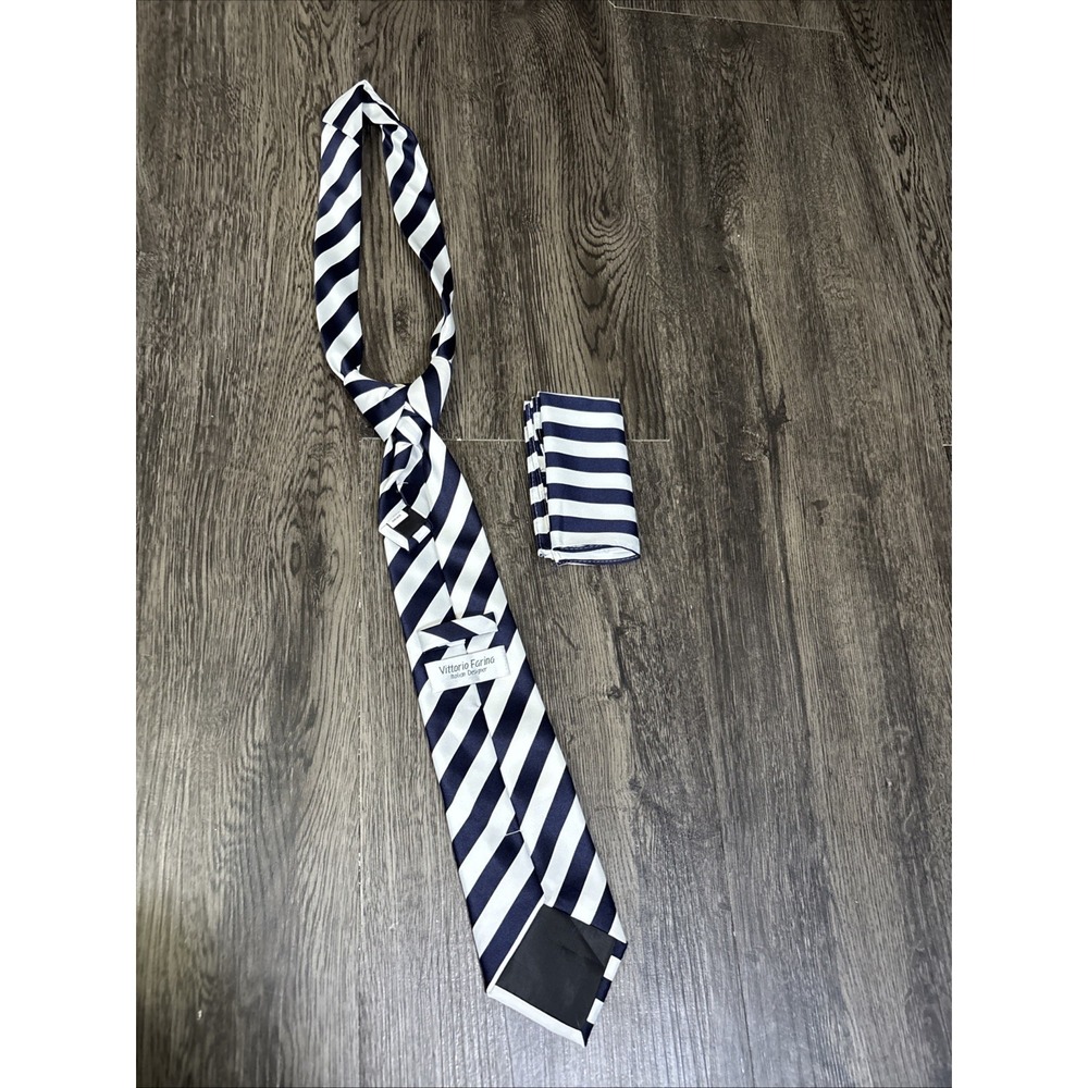 Vittorio Farina Navy Blue White Striped Necktie Pocket Square Set Italian Desi
